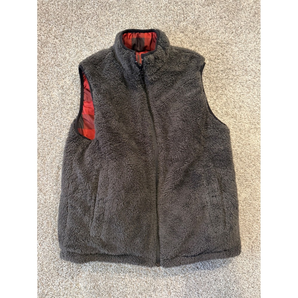Buffalo David Bitton Vest Womens L Red Black Buffalo Plaid Reversible Sherpa Zip
